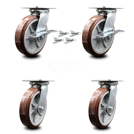 Service Caster 8 Inch Polyurethane Caster Set with Roller Bearing 4 Swivel Lock and 2 Brake SCC SCC-35S820-PPUR-SLB-BSL-2-BSL-2